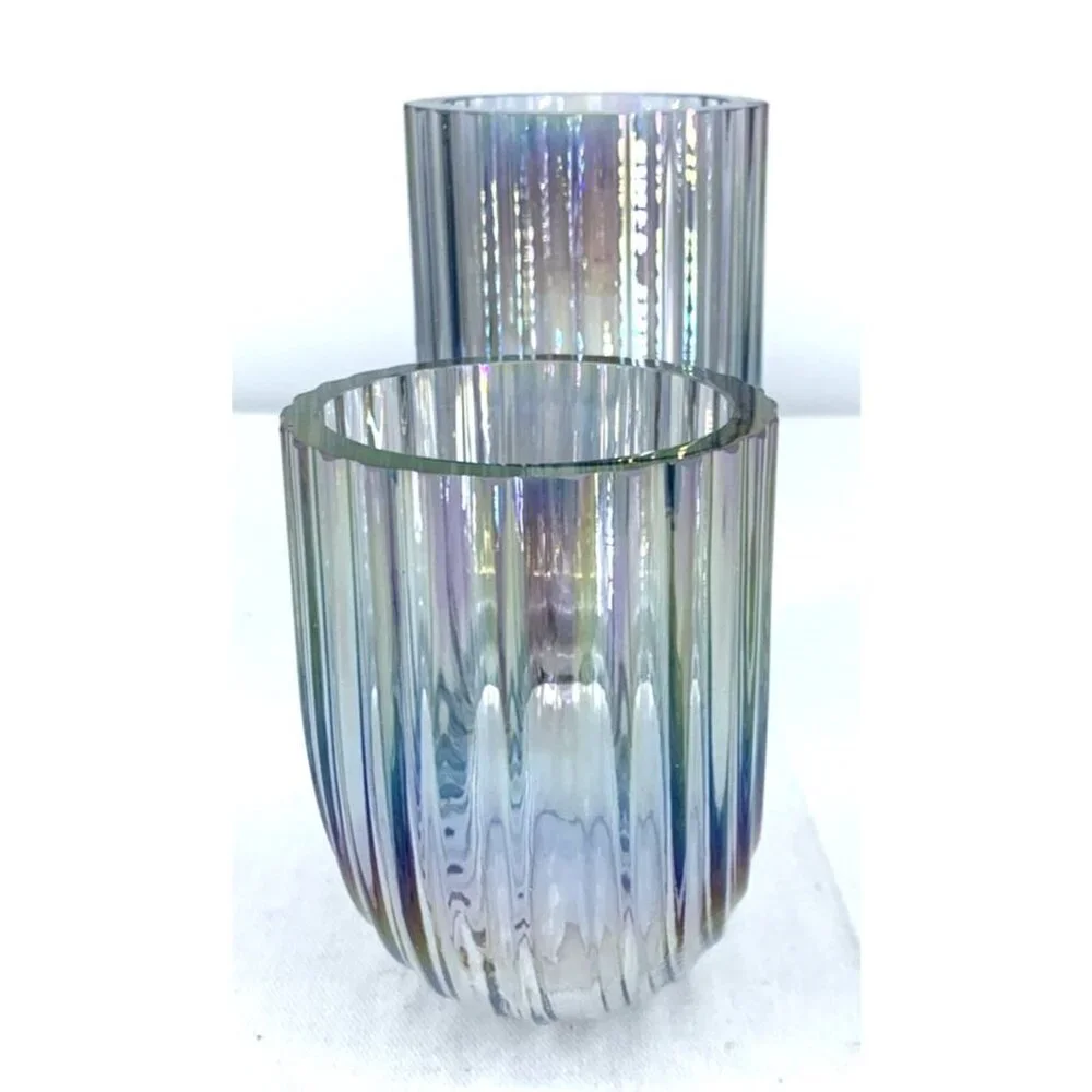 IKEA Raffelbjork Iridescent Glass Vase 4¾” J Shape Ribbed Mother-of-Pearl